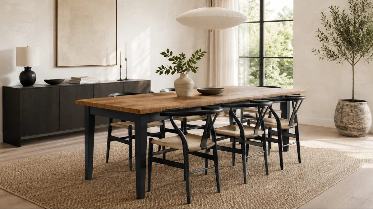 Edge grain ply dining table with dark legs in a styled dining room